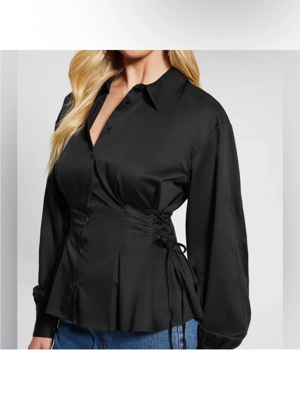 Guess Black Button-Front Peplum Blouse - Picture 2 of 8